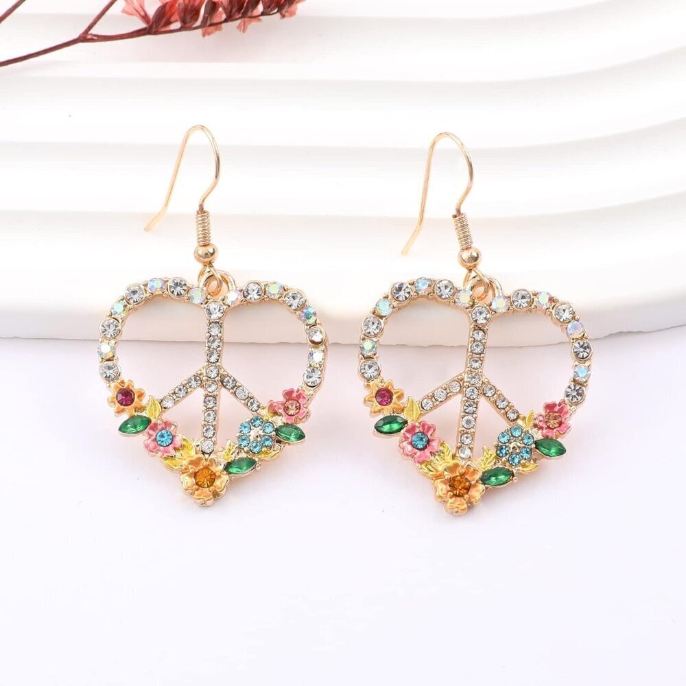 Peace Sign Heart Earrings Silver Gold Dangle Jewelry Women's Gift - Picture 2 of 6